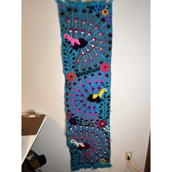 Mexican Hand Embroidered Tapestry Colorful Peacock Flowers Table Runner 64x17 - Picture 7 of 7
